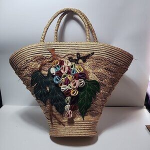 Vintage Handmade Straw Tote Bag Korea Koudali – Felt Grape Appliqué Boho...